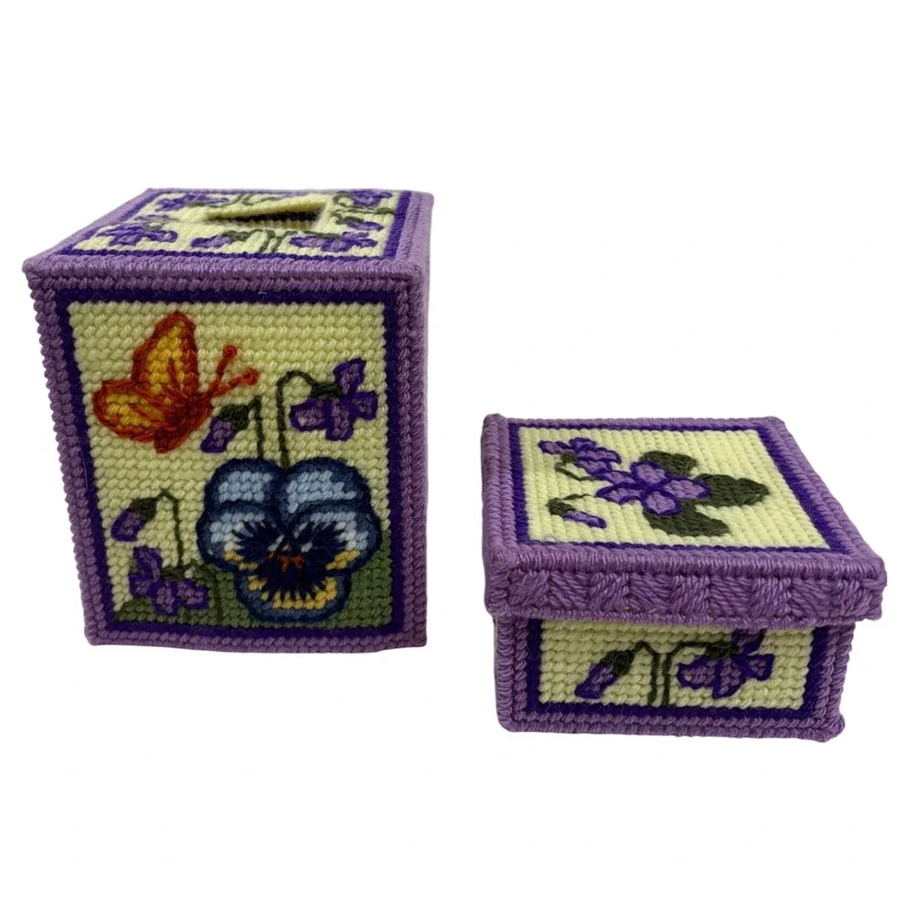Vintage Plastic Canvas Pansy Tissue Box Cover Trinket Box and Coasters Set